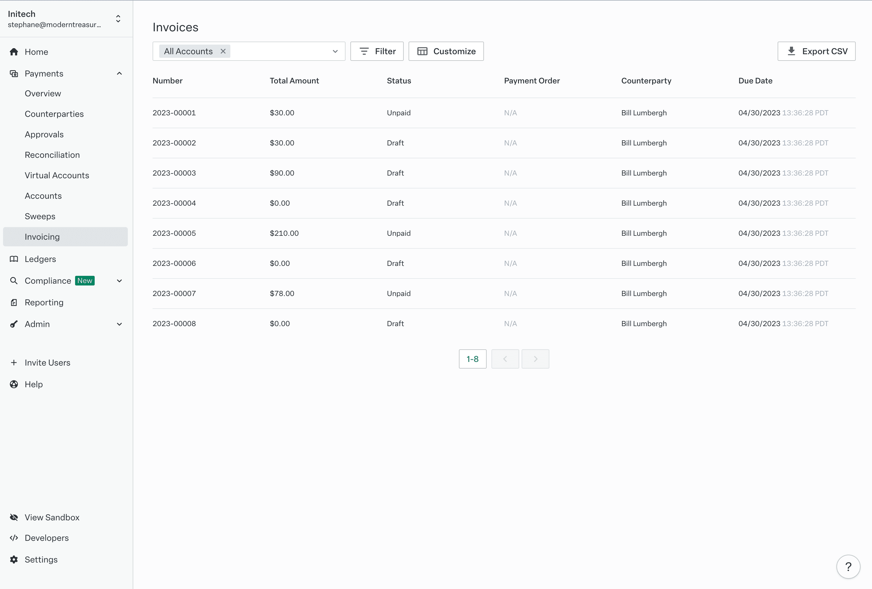 Invoices organized on the Modern Treasury dashboard.