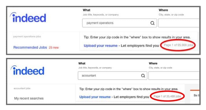 An indeed.com job search for the words “payment operations”