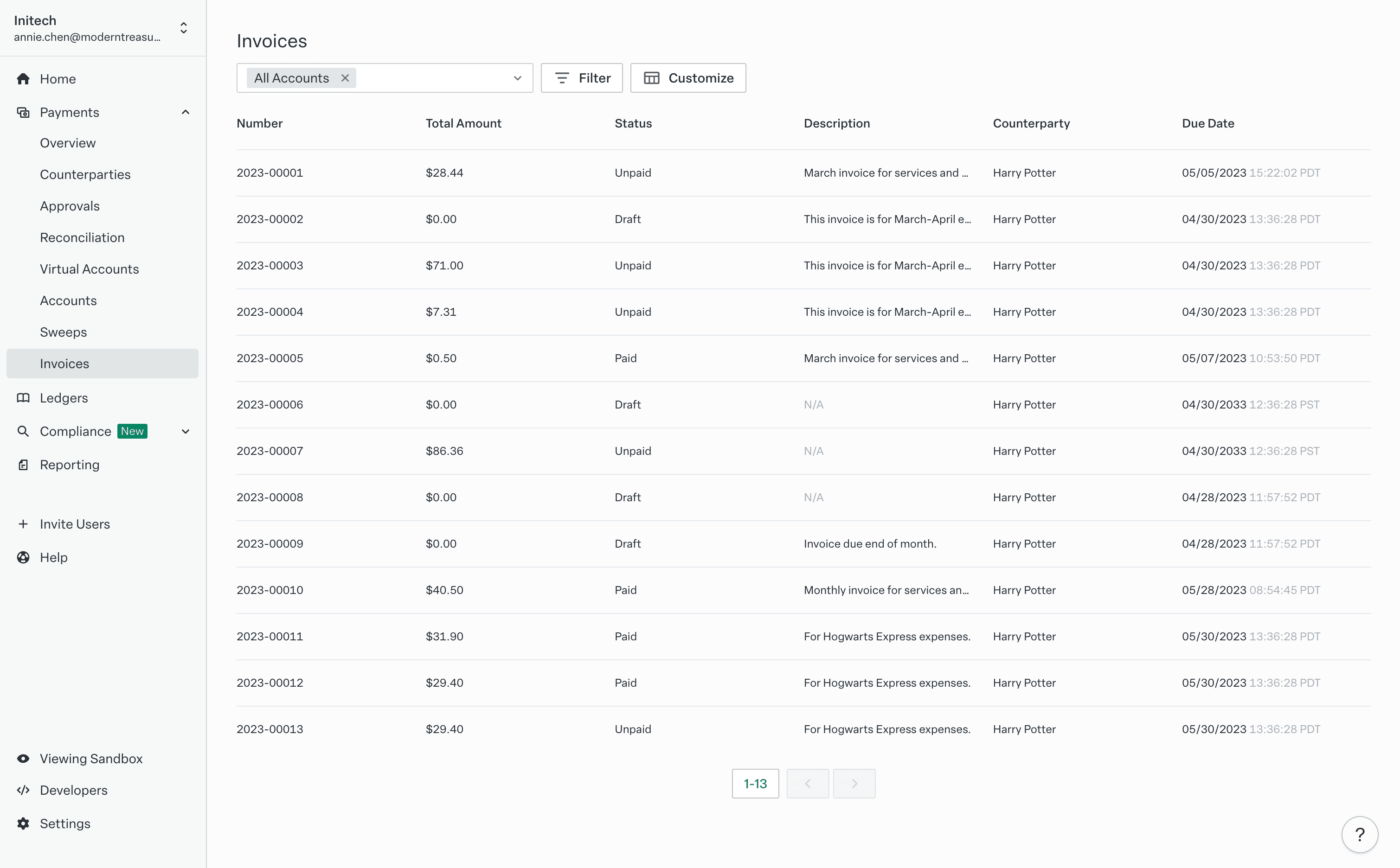 Invoices with various payment statuses on the Modern Treasury dashboard.